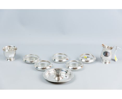 A circular sterling silver presentation tray, inscribed to the border and with fox's head centre, 4.5 ozs, a plain sterling s