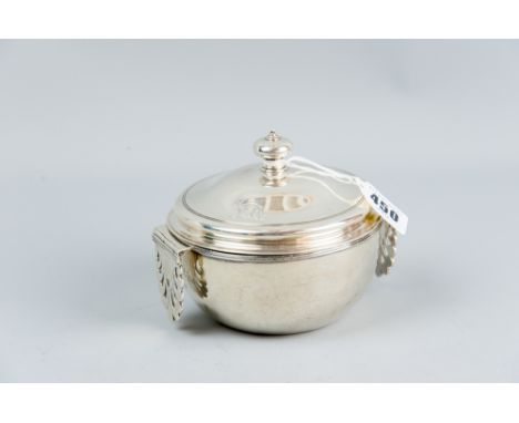 A circular silver posset pot with scrolled and pierced hinged handles, 4 ozs total, London 1816 and London 1838 (the lid), ea