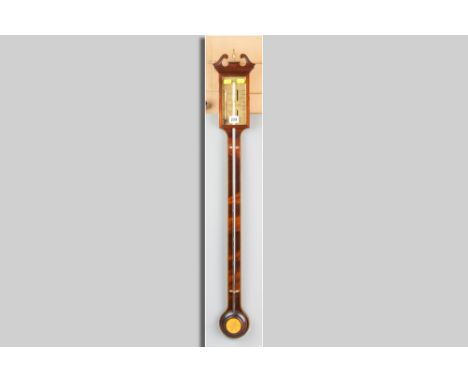 An antique style mahogany line inlaid stick barometer, the brass gauge marked Thomas Wright, 97 cms long