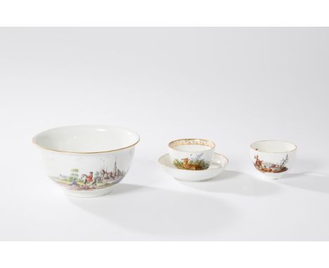 A study group of a Meissen waste-bowl, a Höchst cup and saucer and an Ansbach porcelain Hague-decorated teacup, the bowl c.17