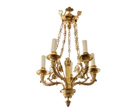 A Restauration gilt-bronze five-light chandelier, second quarter 19th century, each arm with scrolling volute terminating in 