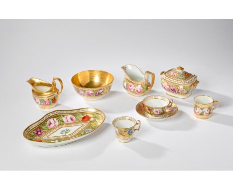 An English porcelain gold-ground part-service, possibly Coalport, c.1815-20, decorated with gilt bands reserved with flowers,