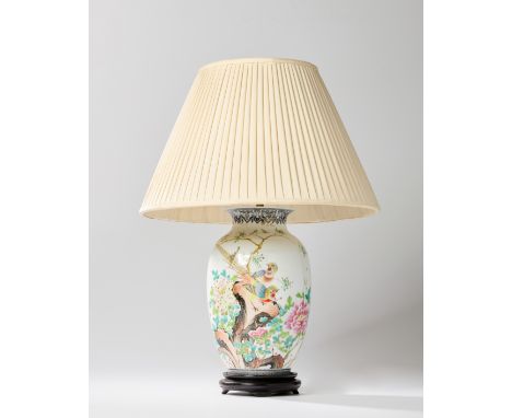 A Chinese famille rose porcelain vase converted to a lamp, Republic period, 20th century, the baluster body painted in enamel