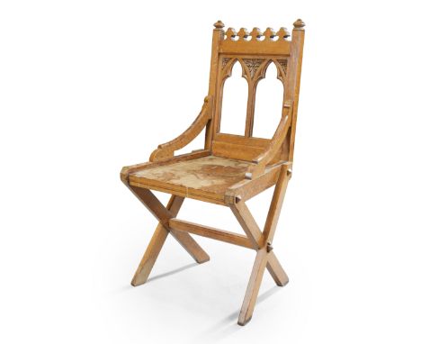 A Victorian Gothic Revival light oak side chair, third quarter 19th century, the back with Gothic pendant finials above two o