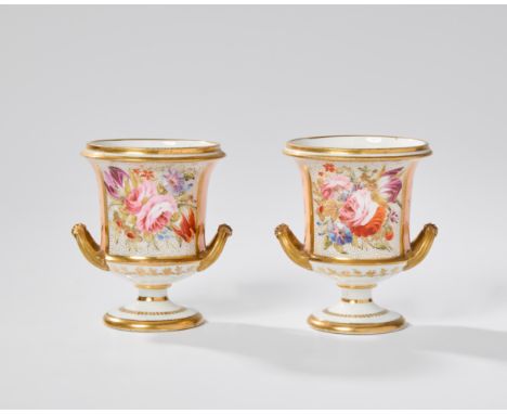 A pair of English porcelain salmon pink ground small two-handled vases, c.1815, probably Chamberlains Worcester; and an Engli