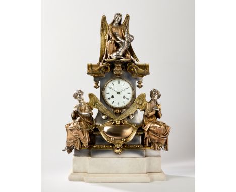 A Victorian silvered and parcel-gilt electroplated 'Faith, Hope and Charity' mantel clock, late 19th century, the case surmou