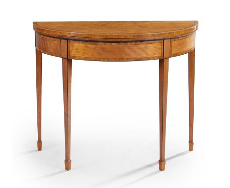 A George III kingwood crossbanded satinwood demi-lune card table, last quarter 18th century, the fold-over top enclosing gree