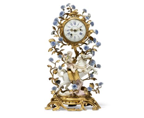 A Louis XV ormolu Meissen and French porcelain mounted mantel clock, the movement by Benoist Gerard, mid-18th century, the fl