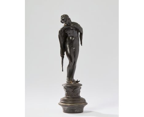 After Vernon March, British, 1891-1930, a bronze model of nude female, early 20th century, the partially draped standing figu