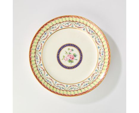 A Sèvres porcelain ‘parasol chinois’ plate, 1792, blue interlaced L cypher enclosing date letters PP, painter’s blue LB mark 