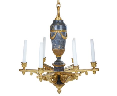 A French gilt-bronze and nero portoro marble six-light chandelier, early 20th century, the baluster stem with husk swags, the