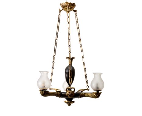 A Regency gilt and patinated bronze three-light hanging light, early 19th century, with central vase reservoir, the body with