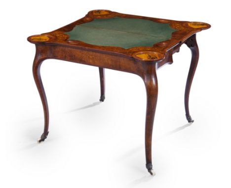 A Victorian kingwood crossbanded marquetry and walnut card table, last quarter 19th century, the fold-over top with turret co