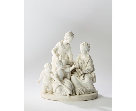 A Sèvres white biscuit porcelain group of ‘Le Dejeuner’, c.1775, the plinth incised 17 at the front, modelled by Josse-Franço