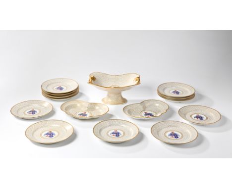 A Chamberlains Worcester porcelain part service, c.1815, red script marks, with grounds of gilt vermiculé ornament and reserv