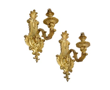 A pair of French gilt-bronze single-light wall appliques, second half 20th century, each with foliate cartouche backplate and