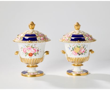 A pair of Chamberlains Worcester porcelain two-handled small sauce-tureens and covers, c.1825, the covers with red script Bon