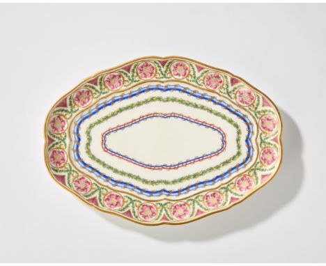 A Sèvres porcelain shaped oval tray (plateau du déjeuner du Roi), c.1770, blue interlaced L cypher enclosing date letter R, p