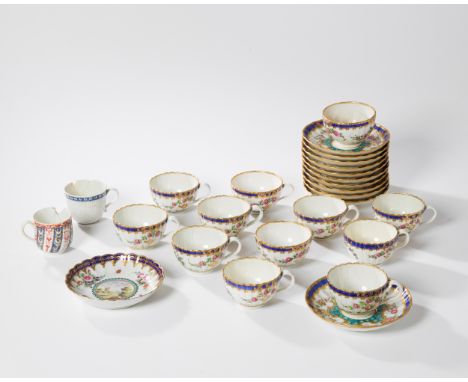 A collection of Derby and Worcester porcelain, second half 18th century, comprising: six Worcester teacups, c.1770, blue cres