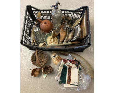 A box of mixed vintage items to include Tamplins Brighton soda syphon, Celtic design scarves, carved horn animals, picture fr