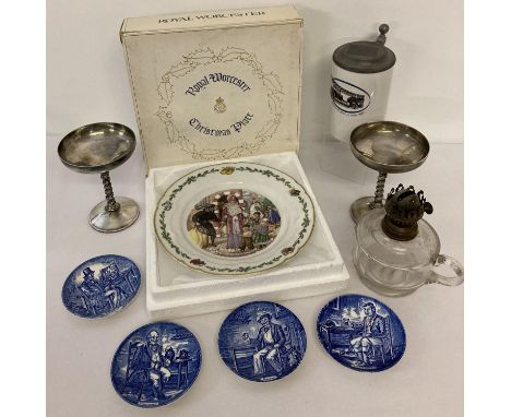 A collection of assorted vintage ceramics, glass and metal ware items. To include a boxed Royal Worcester Christmas plate, 4 