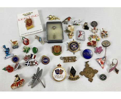 A collection of modern and vintage enamelled pin badges &amp; brooches. To include: Fattorini enamelled F.D.A.C badge, St. Jo