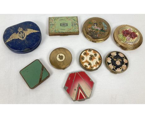 A collection of 9 vintage powder compacts in various designs and sizes to include: Blue leather with RAF wings, Mique, Zenett