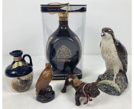 5 ceramic collectable decanters to include Beswick Beneagles whisky Osprey decanter. Lot also includes a boxed Dimple Whisky 