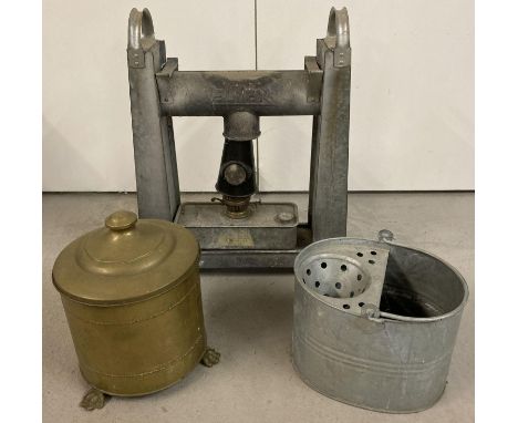 3 vintage metalware items. A brass lidded coal bucket with claw style feet, a galvanised metal mop bucket and a Eltex greenho