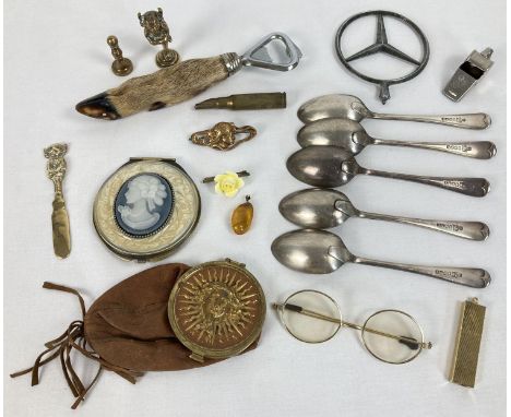 A small collection of assorted vintage items to include cutlery and vanity items.  Lot includes a silk lined leather purse wi