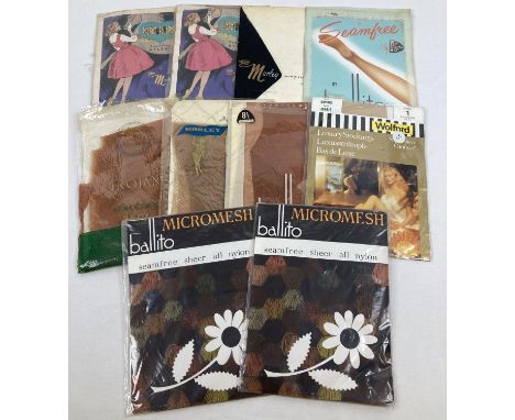 10 assorted vintage 1960's pairs of seamfree stockings, in original packets. To include: Morley Magnificence &amp; Merry-go-r