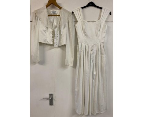 A Laura Ashley vintage white occasional dress with matching jacket. Wide shoulder straps with pleated detail, fitted style bo