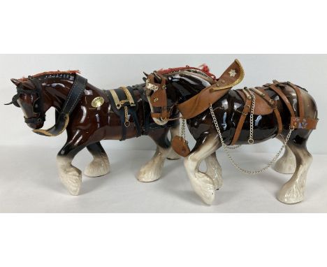 2 large Staffordshire ceramic shire horse figurines decorated with leather effect livery. Each approx. 25cm tall.  