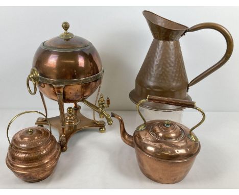 A heavy brass and copper Samovar together with a copper kettle, copper ale jug and a copper and brass lidded storage pot.  