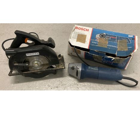 A boxed Bosch GWS 7-115 230V angle grinder complete with instructions. Together with a unboxed Awlop 165mm circular saw. Not 