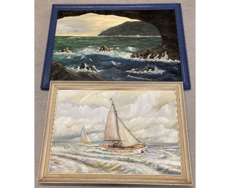 2 framed oil paintings. A sailing yacht "Islay" signed R. Paddick together with "Durdle Door" in Dorset sea scape scene by L.