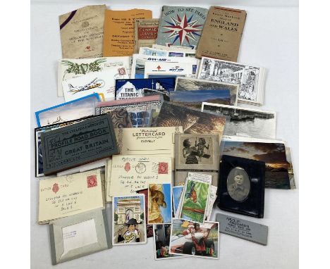A box of assorted vintage ephemera to include postcards, Forces Mail letter cards, first day covers and black &amp; white pho