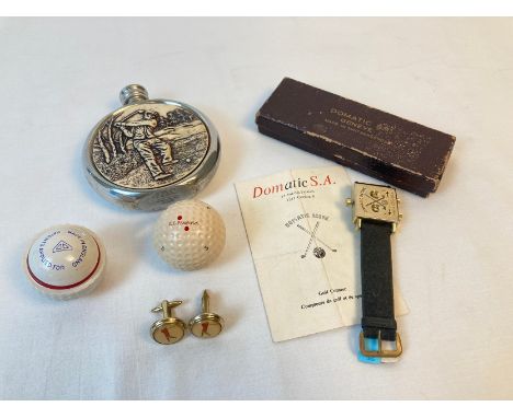 A small collection of Golf related items. A circular hip flask with golfer detail panel, a pair of vintage cufflinks, an A E 