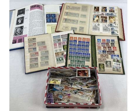 3 vintage stamp stock books containing British and world stamps together with a Stanley Gibbons "Rae Stamps" reference book a
