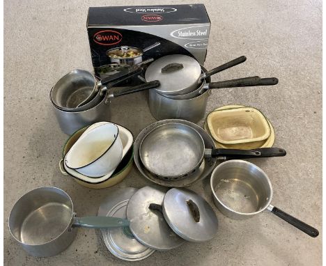 A box of assorted vintage cookware together with a modern boxed Swan 3 piece saucepan set. Vintage items to include enamel ki