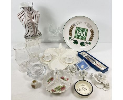 A box of assorted vintage and modern ceramics &amp; glass. To include: a pair of Royal Worcester coffee cans, Spode hors d'oe