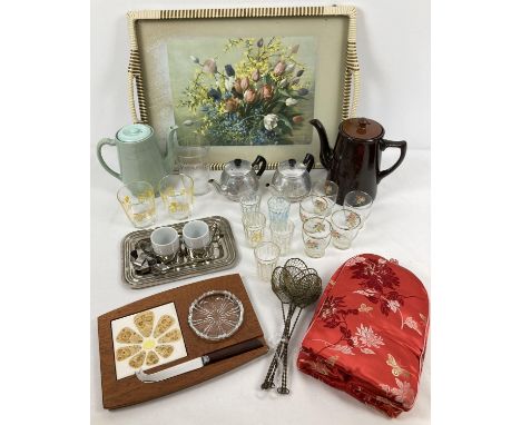 A collection of vintage kitchenalia to include glasses, cheese board &amp; tray.  