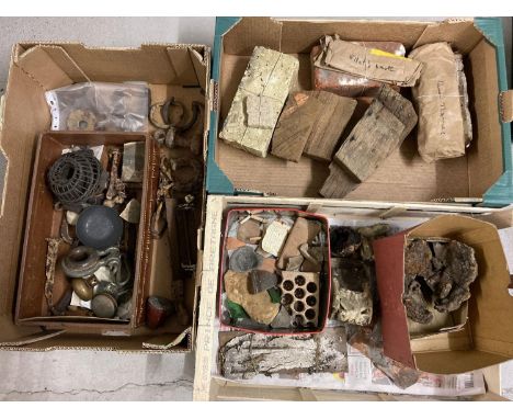 3 boxes of shoreline and river Thames finds. To include bricks, metal chain, hooks and weights, glass and tile fragments and 