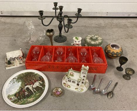 A mixed collection of vintage ceramics, glassware and metal ware. To include: Coalport pastille burner, Wedgwood lidded trink