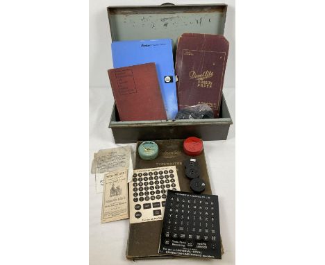 A collection of typewriter accessories in a vintage storage tin by Pilot with carry handles. Contents include book of "Modern