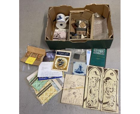 A box of antique and vintage tiles and tile samples to include two cream and brown Art Nouveau tile panels depicting women in