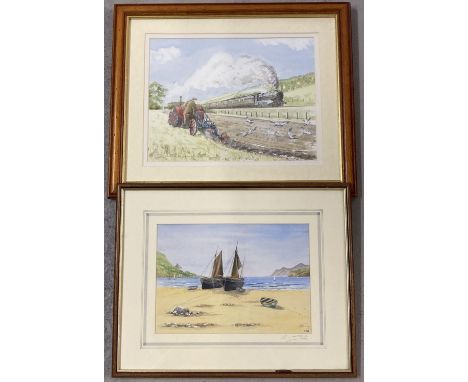 2 wooden framed &amp; glazed watercolours, both signed. A tractor and train rural scene with indistinct signature to lower le