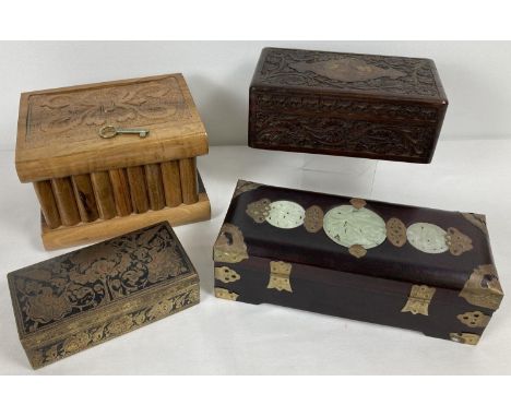 4 vintage ethnic &amp; oriental boxes; 3 wooden. A Chinese brass bound jewellery box with carved jade roundels set to lid. To