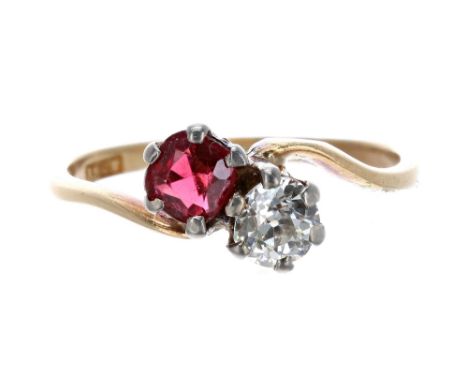 Edwardian 18ct synthetic ruby (doublet) and old-cut diamond cross-over ring, 0.33ct approx, 2gm, ring size K-