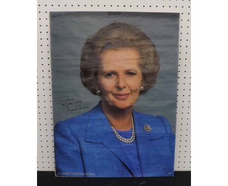 Head and shoulders coloured poster portrait of Margaret Thatcher, signed and inscribed 'To David All Good Wishes', published 